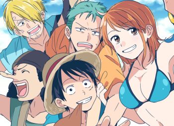 Rule 34 | 1girl, 4boys, anger vein, bangle, bare shoulders, bikini, bikini top only, black hair, blonde hair, blue bikini, blue shirt, blue sky, bracelet, breasts, brown eyes, chatubo, cigarette, cleavage, closed eyes, cloud, cloudy sky, collarbone, commentary request, facial scar, green hair, grin, halterneck, hat, highres, jewelry, long nose, looking at viewer, medium breasts, monkey d. luffy, multiple boys, nami (one piece), one piece, open mouth, orange hair, orange shirt, roronoa zoro, sanji (one piece), scar, scar on cheek, scar on face, shirt, short hair, shoulder tattoo, sky, smile, stomach, straw hat, straw hat pirates, sweatdrop, swimsuit, tattoo, upper body, usopp