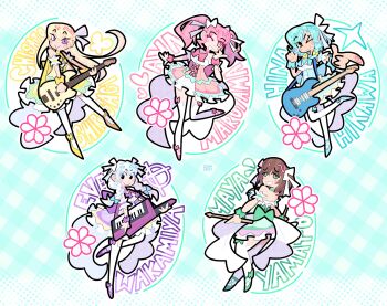 :d absurdres aqua_hair bang_dream! bang_dream!_girls_band_party! blonde_hair blue_eyes blush bourbunbun bow braid brown_hair dress green_eyes hair_bow hair_ribbon highres hikawa_hina long_hair maruyama_aya medium_hair multiple_girls open_mouth pastel_palettes_(bang_dream!) pink_eyes pink_hair purple_eyes ribbon shirasagi_chisato short_hair side_braids sidelocks smile twin_braids twintails wakamiya_eve white_hair yamato_maya