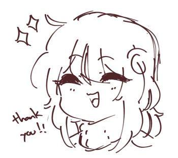 1girl :d ^_^ artist_self-insert bare_shoulders chonkyorca closed_eyes clothing_cutout commentary english_text facing_viewer greyscale monochrome open_mouth orca_(chonkyorca) original portrait shoulder_cutout simple_background smile solo sparkle sweater thank_you turtleneck turtleneck_sweater white_background