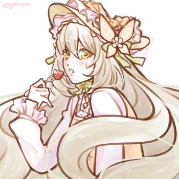 1girl blonde_hair butterfly_hat_ornament celine_(fire_emblem) celine_(love's_aroma)_(fire_emblem) fire_emblem fire_emblem_engage fire_emblem_heroes food fork fruit green_eyes hat hat_ornament highres looking_at_viewer merylemons nintendo official_alternate_costume strawberry upper_body