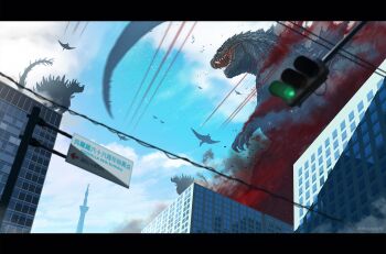 anguirus ankylosaurus aura beak blue_sky bones_(company) building carapace city claws cloud day dinosaur english_text exhaust fangs flying fog from_below giant giant_monster godzilla godzilla_(series) godzilla_singular_point godzilla_ultima highres japanese_text kaiju monster no_humans no_pupils open_mouth orange_(company) power_lines pterosaur red_fog rodan shadow sharp_teeth sign silhouette sky skyscraper smoke spiked_tail spikes suttoko tail teeth textless_version toho tokyo_(city) tokyo_skytree tower traffic_light variant_set white_eyes wings
