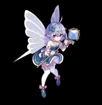 1girl ahoge arm_scrunchie bare_shoulders black_background blue_dress blue_flower blue_hair blue_rose blue_shoes blush bob_cut bow breasts closed_mouth collarbone dress flats flower full_body gloves hair_between_eyes hair_flower hair_ornament highres holding holding_staff insect_wings melmy_(merc_storia) merc_storia merc_storia_art_team official_art pink_bow pointy_ears purple_eyes rose shoes short_dress short_hair sidelocks simple_background small_breasts solo staff tachi-e thighhighs white_gloves white_thighhighs wings