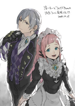 1boy 1girl 91007 blue_eyes butler commentary_request feather_trim felicia_(fire_emblem) fire_emblem fire_emblem_fates jakob_(fire_emblem) long_hair long_sleeves looking_at_viewer maid maid_headdress nintendo nohrian_maid_uniform open_mouth pink_hair ponytail purple_eyes translation_request
