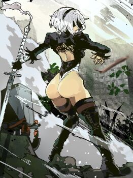 1girl 2b_(nier:automata) absurdres ass back back_cutout black_gloves black_leotard blindfold bodysuit boots building clothing_cutout dust gloves hairband highres holding holding_sword holding_weapon impossible_bodysuit impossible_clothes impossible_leotard isaacchief300 leotard nier:automata nier_(series) pod_(nier:automata) single_glove sword thigh_boots thighhighs torn_clothes virtuous_contract weapon white_hair