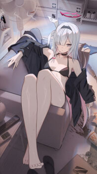 1girl absurdres adversarial_noise alternate_costume bare_shoulders barefoot bikini black_bikini black_choker black_coat black_eyes black_hairband blue_archive breasts choker closed_mouth coat commentary_request controller couch cup disposable_cup eyes_visible_through_hair gunpla hair_over_one_eye hairband halo highres indoors kitabana legs loli looking_at_viewer model_kit off_shoulder on_couch open_clothes open_coat plana_(blue_archive) red_halo remote_control sandals shoe_box small_breasts smile solo spill sweat swimsuit thighs unworn_sandals white_hair