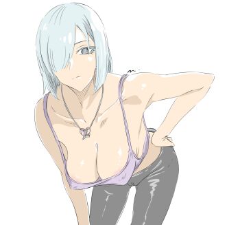 1girl bare_shoulders breasts cleavage collarbone fiona_frost grey_eyes hand_on_own_hip hanging_breasts highres jewelry large_breasts mitsugu necklace short_hair spy_x_family tank_top white_background white_hair