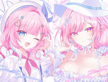 2girls alternate_costume bare_shoulders blue_eyes breasts cleavage closed_mouth collarbone commentary cyrene_(demiurge)_(honkai:_star_rail) cyrene_(demiurge)_(keeping_promise)_(honkai:_star_rail) cyrene_(honkai:_star_rail) cyrene_(philia093)_(honkai:_star_rail) cyrene_(philia093)_(keeping_promise)_(honkai:_star_rail) diamond-shaped_pupils diamond_(shape) dual_persona fingernails flower hair_flower hair_ornament hairclip half-heart_hands hand_up hat heart heart_hair_ornament highres honkai:_star_rail honkai_(series) large_breasts light_blush long_hair looking_at_viewer multiple_girls official_alternate_costume one_eye_closed open_mouth parallel_hairclips pink_hair pointy_ears purple_eyes purple_pupils seno_(senohime) sidelocks smile symbol-shaped_pupils upper_body white_flower white_hat