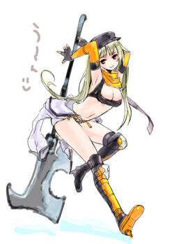 Rule 34 | 1girl, arms behind head, axe, bikini, bikini top only, black bikini, black boots, black gloves, black hat, blonde hair, boots, breasts, cleavage, closed mouth, commentary request, elbow gloves, full body, gloves, hat, holding, holding axe, jumpsuit, jumpsuit around waist, long hair, looking at viewer, mechanic (ragnarok online), medium breasts, navel, ragnarok online, red eyes, riuhi, running, simple background, smile, solo, swimsuit, white background, white jumpsuit