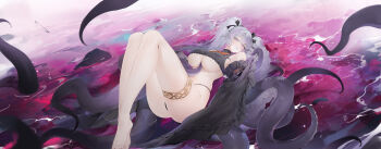 1girl absurdres adventure_(azur_lane) adventure_(master_of_the_safe_house)_(azur_lane) azur_lane barefoot black_panties black_ribbon black_sleeves breasts chinese_commentary commentary detached_sleeves flantia frilled_sleeves frills gold_thighlet hair_ribbon highleg highleg_panties highres jewelry knees_up large_breasts looking_at_viewer lying official_alternate_costume on_back panties parted_lips pink_water purple_eyes purple_hair ribbon solo tentacle_arm tentacle_between_breasts tentacles thighlet toes two_side_up underboob underwear water wide_sleeves