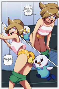 1girl armpits ass professor_juniper back bent_over between_buttocks blush breasts brown_hair camisole camisole_lift character_print clothes_lift coat collarbone comic earrings embarrassed emolga english_text euf-dreamer eyelashes female_focus from_behind gen_1_pokemon gen_2_pokemon gen_3_pokemon gen_4_pokemon gen_5_pokemon glowing glowing_eyes green_eyes green_skirt hair_bun highres humiliation indoors jewelry kanchou laboratory legs long_hair medium_breasts midriff molestation multiple_views navel neck nintendo object_insertion open_mouth oshawott pachirisu panties parted_bangs pervert pichu pikachu pink_camisole plusle pokemon pokemon_(creature) pokemon_bw print_panties screaming shell size_difference skirt speech_bubble standing surprised surprised_arms talking tears thighs thighs_together underwear underwear_only unworn_clothes white_coat yellow_panties