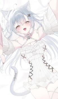 Rule 34 | 1girl, ahoge, animal ear fluff, animal ears, belt collar, blush, breasts, cat ears, cat girl, cat tail, cleavage, collar, commentary request, cowboy shot, crossed bangs, detached sleeves, double-parted bangs, dress, dutch angle, hair between eyes, hair ornament, highres, long hair, looking at viewer, medium breasts, open mouth, original, simple background, smile, solo, tail, white background, white dress, white hair, white theme, x hair ornament, yu o015