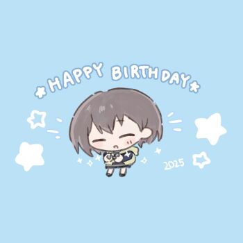 1girl bang_dream! bang_dream!_it&#039;s_mygo!!!!! blue_background blush chibi chibi_only closed_eyes commentary grey_hair happy_birthday highres m_(226mmy) open_mouth short_hair simple_background solo symbol-only_commentary takamatsu_tomori