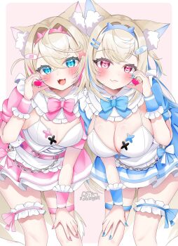 2girls animal_ear_fluff animal_ears bent_over blonde_hair blue_eyes blue_hair blue_hairband blue_skirt blush border breasts commentary_request cowboy_shot dog_ears dog_girl dog_tail fuwawa_abyssgard hairband half-heart_hands heart highres hololive hololive_english large_breasts mococo_abyssgard multicolored_hair multiple_girls pink_background pink_eyes pink_hair pink_hairband pink_skirt siblings simple_background sisters skirt small_breasts spiked_hairband spikes standing streaked_hair tail thigh_strap twins two-tone_hair vest virtual_youtuber white_border white_vest yukkenya