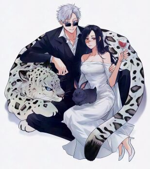 1boy 1girl alcohol animal animal_on_lap bare_shoulders beer beer_mug black_hair black_pants black_rabbit_(animal) black_suit black_vest blue_eyes bow breasts brown_eyes burn_scar cleavage collarbone collared_shirt cup dress facial_mark formal_clothes glass gojou_satoru grey_background grin hair_bow hair_ribbon half_updo hand_on_another&#039;s_arm high_heels highres holding holding_cup iori_utahime jujutsu_kaisen leopard long_dress long_hair looking_at_viewer looking_to_the_side male_focus matchi_(ginger.8) mug on_lap pants rabbit ribbon scar scar_on_face shirt short_hair sitting smile spiked_hair suit sunglasses vest white_bow white_dress white_hair white_high_heels white_ribbon white_shirt