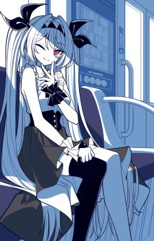 Rule 34 | 1girl, absurdres, asymmetrical legwear, black corset, black ribbon, black skirt, black thighhighs, black wrist cuffs, breasts, chair, chunzhenzhiren innocent, closed mouth, colored skin, commentary request, corset, frilled shirt, frills, hair intakes, hair ribbon, hand on own thigh, hand up, handlebar, headband, highres, indoors, lilith (the noexistencen of you and me), long hair, medium breasts, mismatched legwear, mismatched wrist cuffs, on chair, one eye closed, red eyes, ribbon, shirt, sidelocks, sitting, skirt, sleeveless, sleeveless shirt, smile, the noexistencen of you and me, thighhighs, thighs, train interior, twintails, two-tone headband, very long hair, white hair, white shirt, white skin, white thighhighs, white wrist cuffs, window, wrist cuffs