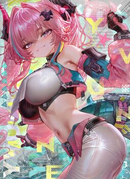 1girl absurdres arknights arknights:_endfield black_horns blue_hair breasts closed_mouth commentary detached_sleeves diamond_in_eye dragon_girl dragon_horns dragon_tail from_side gloves grey_pants hair_intakes hair_on_horn highres horns large_breasts long_hair looking_at_viewer midriff multicolored_hair multicolored_horns navel nekoya_(nekodayo_22) pants pink_gloves pink_hair pink_horns pink_sleeves purple_eyes solo stomach streaked_hair tail two-sided_gloves two-tone_horns yvonne_(arknights)