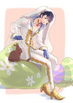 1boy alfonse_(fire_emblem) alfonse_(spring_prince)_(fire_emblem) animal_ears blue_eyes blue_flower blue_hair egg fire_emblem fire_emblem_heroes flower highres nintendo official_alternate_costume pink_background rabbit rabbit_ears riou_(pooh920) sitting