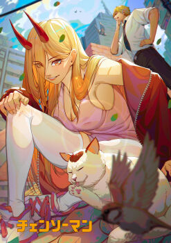 1boy 1girl absurdres baschyf bird black_bow black_bowtie black_pants blonde_hair bow bowtie breasts cat chainsaw_man cityscape cleavage demon_horns denji_(chainsaw_man) highres horns jacket large_breasts long_hair medium_breasts nipples orange_eyes pants parted_lips power_(chainsaw_man) red_jacket see-through_clothes shirt short_hair sitting smile standing thighhighs thighs tongue tongue_out white_shirt