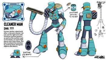 Rule 34 | 2025, armor, artist name, capcom, commentary, english commentary, english text, full body, gameplay mechanics, gloves, hachurart, highres, jacket, janitor, mask, mega man: dual override, mega man (character), mega man (classic), mega man (series), mega man robot master design contest, multiple views, original, red eyes, reference sheet, respirator, robot, simple background, spread fingers, standing, suction cups, turnaround, vacuum cleaner, white background, white gloves, zipper