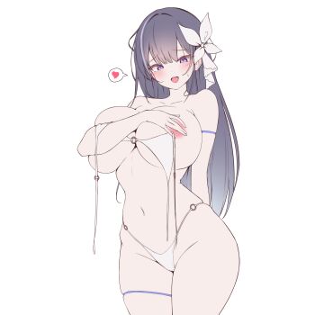 1girl areola_slip bikini blue_eyes blue_hair blush breasts commentary_request covering_breasts covering_privates cowboy_shot flat_color hair_ornament heart heart-shaped_pupils highleg highleg_bikini highres huge_breasts indie_virtual_youtuber long_hair looking_at_viewer narrow_waist navel o-ring o-ring_bikini open_clothes open_mouth rapid17 ribbon simple_background skindentation smile solo spoken_heart swimsuit symbol-shaped_pupils thigh_strap thighs untied_bikini untied_bikini_top virtual_youtuber white_background white_bikini