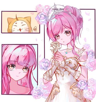 Rule 34 | 1girl, :o, ^ ^, absurdres, ahoge, animal, armor, breastplate, brown eyes, cat, chinese commentary, closed eyes, closed mouth, clothed animal, collar, commentary request, cowboy shot, detached collar, dot nose, dress, ear covers, earrings, expressionless, eyelashes, feather-trimmed dress, feather earrings, feathers, flower, frilled arm warmers, frilled dress, frills, hair bun, hair intakes, hand up, happy, high collar, highres, holding, holding flower, hood, hood up, infinity nikki, jewelry, lace collar, light blush, long hair, melody bloom (infinity nikki), momo (nikki), multiple views, nikki (nikki), nikki (series), off-shoulder dress, off shoulder, outside border, parted lips, pawpads, petals, pink flower, pink hair, pink rose, portrait, purple flower, purple rose, rose, rose petals, see-through collar, short hair with long locks, short sleeves, sidelocks, single hair bun, standing, tiara, updo, wavy hair, whiskers, white arm warmers, white background, white cat, white collar, white dress, yellow flower, yellow hood, yellow rose, zhaoxuemumei