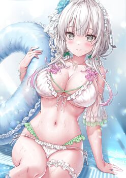 1girl bare_shoulders bikini blush breasts cleavage cleavage_cutout closed_mouth clothing_cutout collarbone flower frills grey_hair hair_flower hair_ornament headdress highres holding holding_swim_ring innertube jewelry kyariko large_breasts long_hair looking_at_viewer multicolored_hair navel original pink_hair pool poolside smile solo stomach swim_ring swimsuit thighlet two-tone_hair water wet white_bikini white_hair