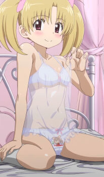 1girl animal_print anime_screenshot babydoll bear_panties bear_print blonde_hair blush bow bow_bra bow_panties bra breasts cameltoe eyes_visible_through_hair female_focus groin hairdressing highres indoors interior kiryuu_mikazuki kissxsis lingerie loli looking_at_viewer navel on_bed panties pink_eyes print_panties see-through_clothes sitting small_breasts smile socks solo stitched strap_pull tareme third-party_edit twintails underwear wariza white_bra white_panties white_socks