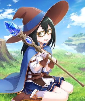 1girl arm_belt belt black_hair blue_cape blue_gem blue_skirt blue_sky boots breasts brown-framed_eyewear brown_belt brown_boots brown_corset brown_gloves brown_hat cape cloud corset crystal day double-parted_bangs fantasy floating_island frilled_shirt frills from_side game_cg gem glasses gloves grass hat holding holding_staff long_hair looking_at_viewer looking_to_the_side medium_breasts morishita_kihiro multiple_belts official_art on_ground open_mouth outdoors partially_fingerless_gloves rock shirt sitting skirt sky smile solo staff third-party_source toji_no_miko toji_no_miko:_kizamishi_issen_no_tomoshibi tree_stump wariza white_shirt wide_brim wizard_hat yellow_eyes