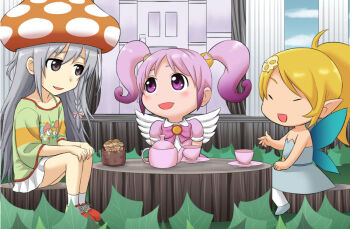 3girls :d blonde_hair brown_eyes closed_eyes crossover cup fairy fairy_wings gachon_jirou gdgd_fairies hoshi_syoko idolmaster idolmaster_cinderella_girls long_hair multiple_girls mushroom mushroom_on_head open_mouth pikupiku pink_eyes pink_hair ponytail shirushiru sitting smile teacup teapot twintails wings