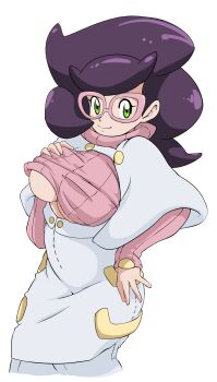 1girl breasts caisama glasses green_eyes highres large_breasts nintendo pokemon pokemon_sm purple_hair smile wicke_(pokemon)