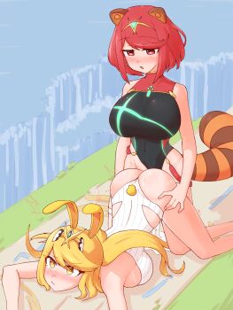 1futa 1girl animal_ears ass ass_grab ass_shake blonde_hair breasts clothed_sex clothes competition_swimsuit cum cum_in_pussy doggystyle ejaculation futa_with_female futanari highres humping large_breasts liveactors long_hair mario_(series) medium_hair mythra_(xenoblade) nintendo one-piece_swimsuit pyra_(xenoblade) raccoon_tail red_eyes red_hair sex sex_from_behind sexually_suggestive super_mario_bros._3 super_smash_bros. swimsuit tail top-down_bottom-up xenoblade_chronicles_(series) xenoblade_chronicles_2 yellow_eyes