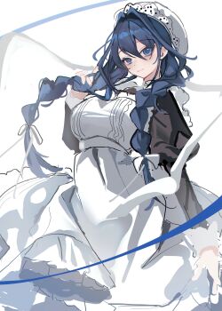 1girl absurdres apron blue_eyes blue_hair bow breasts frills hair_bow hair_intakes highres holding holding_own_hair hololive hololive_english large_breasts long_hair long_sleeves maid maid_apron maid_headdress ouro_kronii ouro_kronii_(maid) solo venn_(vebonbon) virtual_youtuber