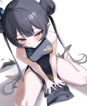 1girl :/ absurdres armpit_crease bare_arms bare_legs bare_shoulders between_legs black_dress black_hair blue_archive blunt_bangs blush breasts broken_high_heel butterfly_hair_ornament china_dress chinese_clothes closed_mouth commentary_request covered_navel double_bun dragon_print dress from_above grey_eyes hair_bun hair_ornament hand_between_own_legs high_heels highres kisaki_(blue_archive) knees_out_of_frame long_hair looking_ahead pelvic_curtain print_dress pumps revision se_tu_(55559229) shadow shoes simple_background single_bare_foot single_shoe sitting sleeveless sleeveless_dress small_breasts solo twintails unworn_shoes very_long_hair wariza white_background