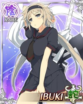 Rule 34 | 1girl, arm behind head, black hairband, black necktie, black sailor collar, black shirt, black skirt, border, breasts, brown hair, card (medium), character name, closed mouth, covering privates, dot mouth, game cg, grey eyes, hairband, hebijo academy school uniform, holding, holding scissors, holding weapon, huge weapon, ibuki (senran kagura), large breasts, long hair, looking at viewer, low twintails, necktie, official art, pleated skirt, sailor collar, school uniform, scissors, senran kagura, senran kagura new wave, shirt, skirt, solo, third-party source, twintails, weapon