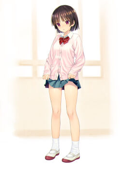 1girl blue_skirt bob_cut bow bowtie brown_hair cardigan collared_shirt commentary_request full_body koutaro long_sleeves original pink_cardigan pleated_skirt red_bow red_bowtie red_eyes shirt shoes skirt socks solo standing uwabaki white_shirt white_shoes white_socks