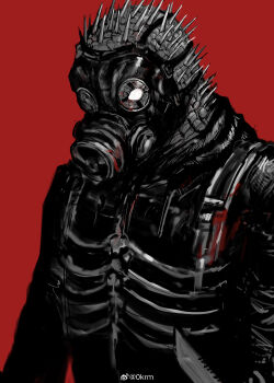 1boy absurdres black_jacket caiman_(dorohedoro) dorohedoro gas_mask highres holding holding_knife jacket knife lizardman male_focus mask no_pupils red_background satou_koromi simple_background sketch solo spikes upper_body watermark weibo_watermark white_eyes