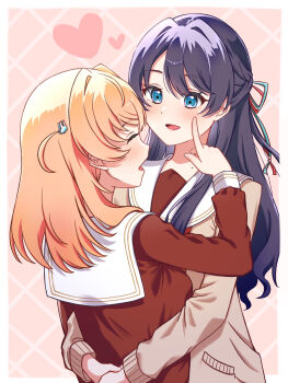 2girls :d ^_^ blue_eyes border braid breasts brown_cardigan brown_dress cardigan cheek_poking closed_eyes commentary_request dress facing_another hair_ornament half_up_braid half_updo hasu_no_sora_school_uniform heart highres hinoshita_kaho love_live!_hasu_no_sora_jogakuin_school_idol_club long_hair looking_at_another love_live! mano_409 medium_breasts medium_hair mole mole_on_neck multiple_girls murano_sayaka neckerchief open_mouth orange_hair outside_border pink_background poking purple_hair rabbit_hair_ornament red_neckerchief sailor_collar sailor_dress school_uniform smile virtual_youtuber white_border white_sailor_collar winter_uniform yuri