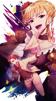 1boy 1girl :d beatrice_(umineko) belt black_choker black_dress black_necktie blonde_hair blue_eyes blunt_bangs braid braided_bun bug butterfly choker collared_shirt commentary_request dress dress_shirt evil_smile eyelashes flower formal_clothes frilled_choker frilled_sleeves frills full_body glowing_butterfly hair_bun hair_flower hair_ornament hand_up highres index_finger_raised insect juliet_sleeves laughing light_particles lips long_sleeves looking_at_viewer marutenmaruten necktie ojou-sama_pose open_mouth pants partial_commentary pointing puffy_sleeves red_flower red_hair red_shirt shirt simple_background single_hair_bun slit_pupils smile suit teeth umineko_no_naku_koro_ni upper_body upper_teeth_only ushiromiya_battler v-shaped_eyebrows white_background white_pants white_suit wide_sleeves yellow_butterfly