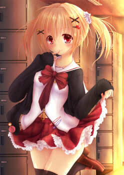 1girl akapenkoubou black_cardigan black_thighhighs blonde_hair blush bow bowtie brown_shoes cardigan closed_mouth commentary_request covered_erect_nipples finger_to_mouth frilled_skirt frills getabako hair_between_eyes hair_ornament hair_scrunchie hairclip highres loafers locker long_sleeves miniskirt open_cardigan open_clothes original plaid_clothes plaid_skirt red_bow red_bowtie red_eyes red_skirt sailor_collar school_uniform scrunchie serafuku shirt shoes short_hair skirt skirt_hold sleeves_past_wrists smile solo standing standing_on_one_leg thighhighs top_of_moe_2013 twintails white_sailor_collar white_scrunchie white_shirt x_hair_ornament zipper zipper_pull_tab