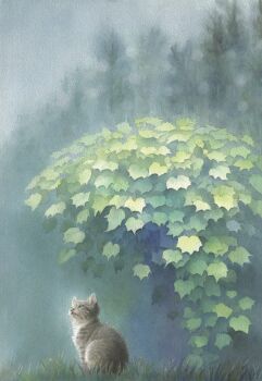animal bush cat commentary_request day fujiko88 grass highres nature no_humans original outdoors overcast painting_(medium) plant rain sky traditional_media watercolor_(medium)