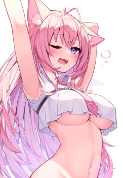 1girl absurdres animal_ears antenna_hair arm_up bare_arms bottomless breasts chest_belt collared_shirt crop_top deaver fang frilled_sleeves frills hakui_koyori highres hololive large_breasts linea_alba long_hair looking_at_viewer navel necktie one_eye_closed open_mouth pink_hair pink_necktie purple_eyes shirt simple_background sleeveless sleeveless_shirt smile solo stomach stretching underboob virtual_youtuber white_background white_shirt wolf_ears wolf_girl