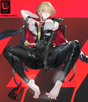 1girl absurdres arm_behind_head barefoot between_breasts between_legs black_pants blonde_hair blush bra bra_peek breasts breasts_apart chest_harness chinese_commentary clothes_between_breasts come_hither commentary_request elbow_gloves evelyn_chevalier full_body gloves hair_over_one_eye hand_between_own_legs hand_on_own_crotch harness high-waist_pants high_heels highres jacket large_breasts latex latex_pants mafura necktie necktie_between_breasts one_eye_covered open_clothes open_shirt pants parted_lips purple_eyes shirt shoes single_elbow_glove smile solo spread_legs steaming_body tight_clothes tight_pants toes two-sided_fabric two-sided_jacket underwear unworn_shoes white_shirt yellow_necktie zenless_zone_zero