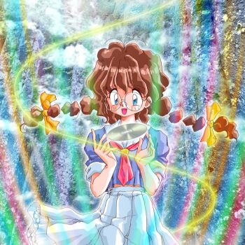 1girl bad_id blue_eyes blue_shirt bow braid braided_twintails brown_hair cd cowboy_shot detached_hair floating floating_hair floating_object glasses hair_bow hands_up looking_at_object medium_hair midriff_peek neckerchief open_mouth original pleated_skirt rainbow red_neckerchief round_eyewear shirt skirt sleeves_rolled_up smile solo standing twin_braids twintails white_skirt woody-rinn yellow_bow