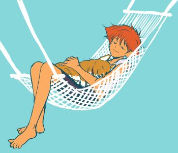 Rule 34 | 1girl, animal, animal collar, animal hug, aqua background, barefoot, bike shorts, black shorts, brown dog, closed eyes, closed mouth, collar, cowboy bebop, dark-skinned female, dark skin, dog, edward wong hau pepelu tivrusky iv, ein (cowboy bebop), full body, hammock, hand on animal, highres, holding, holding animal, holding dog, lying, nap, on back, on hammock, red collar, red hair, shirt, short hair, short sleeves, shorts, simple background, sleeping, solo, tobalin, toes, tomboy, welsh corgi, white shirt
