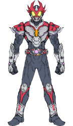 Rule 34 | absurdres, altering (agito), armor, belt, bodysuit, clenched hand, compound eyes, driver (kamen rider), full body, gloves, helmet, highres, horns, kamen rider, kamen rider agito, kamen rider agito (series), kamen rider agito (shining form), looking at viewer, male focus, mask, rider belt, simple background, solo, standing, tokusatsu, white background, yellow eyes, zd19990214