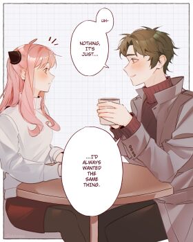 1boy 1girl aged_up ahoge anya_(spy_x_family) black_pantyhose black_sweater blush breasts brown_hair brown_skirt coat commentary cup damian_desmond english_text grey_coat grid_background hairpods highres holding holding_cup ideksams long_hair looking_at_another male_focus medium_breasts pantyhose parted_bangs parted_lips pink_hair short_hair sidelocks skirt spy_x_family sweater symbol-only_commentary table turtleneck turtleneck_sweater white_sweater