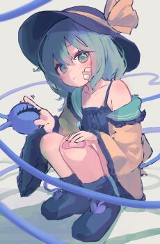 1girl absurdres ameshi_(rzuw4482) bandaid bandaid_on_face bandaid_on_knee bandaid_on_leg black_boots black_camisole black_hat blush boots camisole closed_mouth collarbone commentary eyeball green_eyes green_hair green_skirt hat hat_ribbon highres koishi_day komeiji_koishi long_sleeves looking_at_viewer open_clothes open_shirt ribbon shirt skirt solo squatting third_eye touhou wide_sleeves yellow_ribbon yellow_shirt