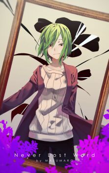 1girl aged_up black_eyes black_pants colored_eyelashes english_text flower framed green_hair highres jacket kagerou_project kido_tsubomi mazumaro pants shissou_word_(vocaloid) short_hair smile solo sweater vocaloid