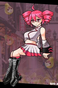 1girl ahoge bare_shoulders blush boots breasts crop_top detached_sleeves drill_hair full_body highres kasane_teto knee_boots lace-up_boots looking_at_viewer medium_breasts navel pearto pink_hair pleated_skirt red_eyes red_hair self-upload sitting skirt sleeveless smile solo tr1z twin_drills utau