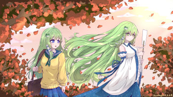 2girls absurdres alternate_costume autumn_leaves bag blue_skirt breasts brown_bag chinese_commentary ci_sheng_shi_ying closed_mouth commentary_request detached_sleeves dual_persona evening frog_hair_ornament gohei green_eyes green_hair hair_ornament hair_tubes highres holding holding_gohei kochiya_sanae large_breasts leaf long_hair multiple_girls open_mouth outdoors plaid_clothes plaid_skirt pleated_skirt school_uniform shoulder_bag single_hair_tube skirt smile snake_hair_ornament sweater touhou very_long_hair yellow_sweater